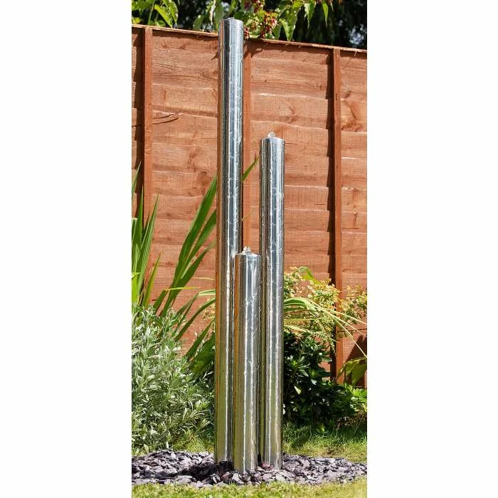 100cm 3-Tier Tube Stainless Steel Water Feature with Lights | Indoor/Outdoor Use by Ambienté