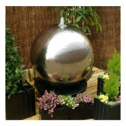 H60cm Polished Sphere Stainless Steel Water Feature with Lights by Ambienté