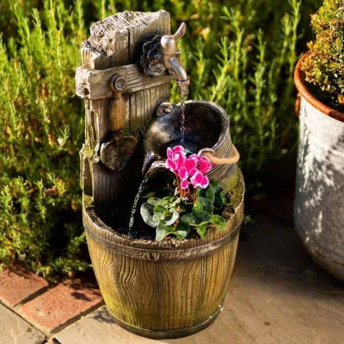 60cm Rustic Tap Bucket And Barrel Tiered Planter Water Feature With Lights By Ambienté - Image 2