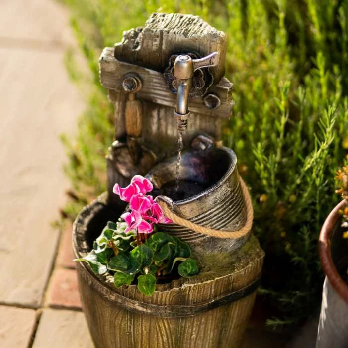 60cm Rustic Tap Bucket And Barrel Tiered Planter Water Feature With Lights By Ambienté - Image 3