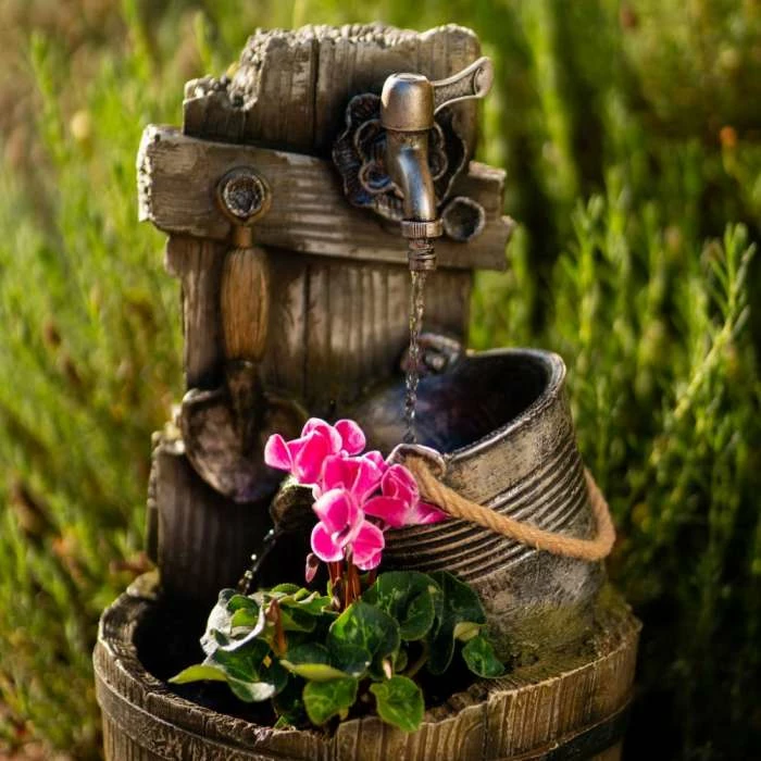 60cm Rustic Tap Bucket And Barrel Tiered Planter Water Feature With Lights By Ambienté - Image 4