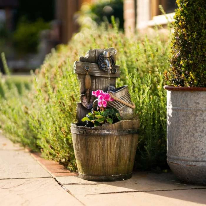 60cm Rustic Tap Bucket And Barrel Tiered Planter Water Feature With Lights By Ambienté - Image 5