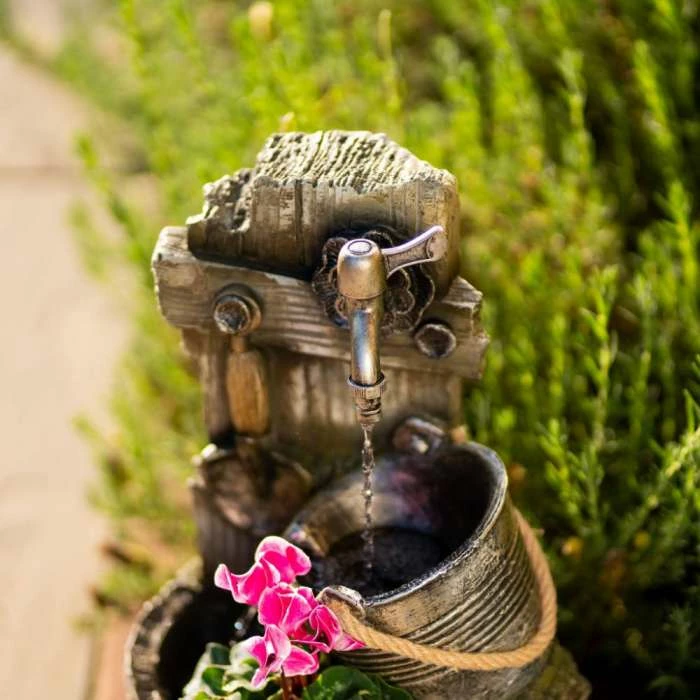 60cm Rustic Tap Bucket And Barrel Tiered Planter Water Feature With Lights By Ambienté - Image 6