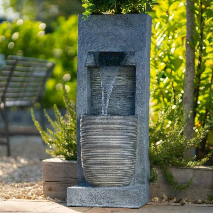91cm Stone Effect Ripple Wall and Bowl Cascading Planter Water Feature With Lights By Ambienté - Image 4