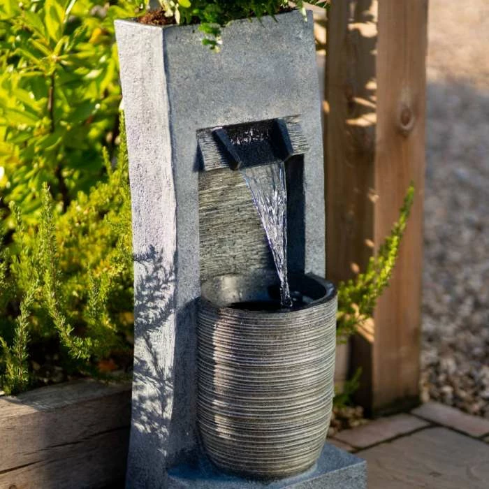 91cm Stone Effect Ripple Wall and Bowl Cascading Planter Water Feature With Lights By Ambienté - Image 5