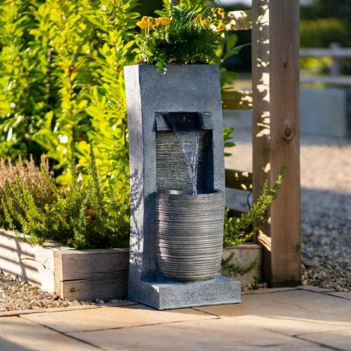 91cm Stone Effect Ripple Wall and Bowl Cascading Planter Water Feature With Lights By Ambienté