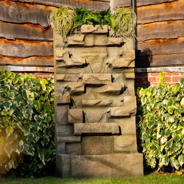 180cm Stone Water Wall Tiered Cascading Planter Water Feature With Lights By Ambienté