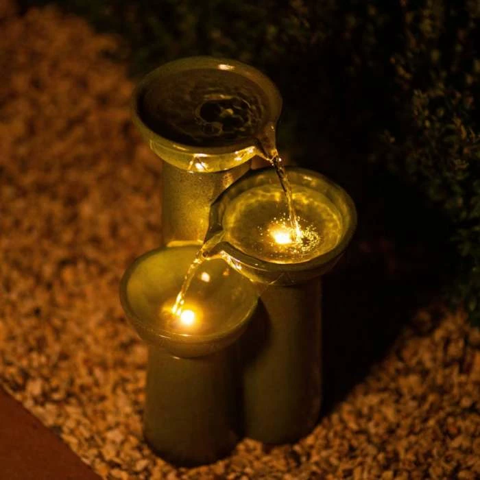 40cm Solar Green Pouring Bowls Tiered Cascading Water Feature With Battery Backup and Lights By Solaray - Image 2