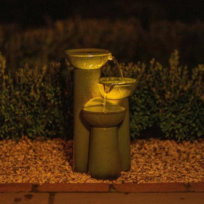 40cm Solar Green Pouring Bowls Tiered Cascading Water Feature With Battery Backup and Lights By Solaray - Image 3