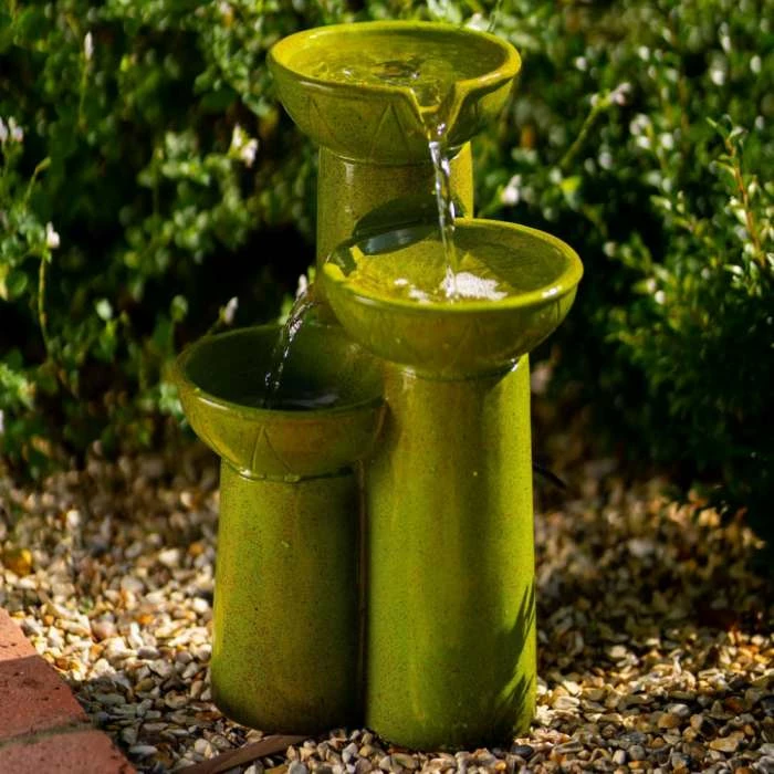 40cm Solar Green Pouring Bowls Tiered Cascading Water Feature With Battery Backup and Lights By Solaray - Image 4