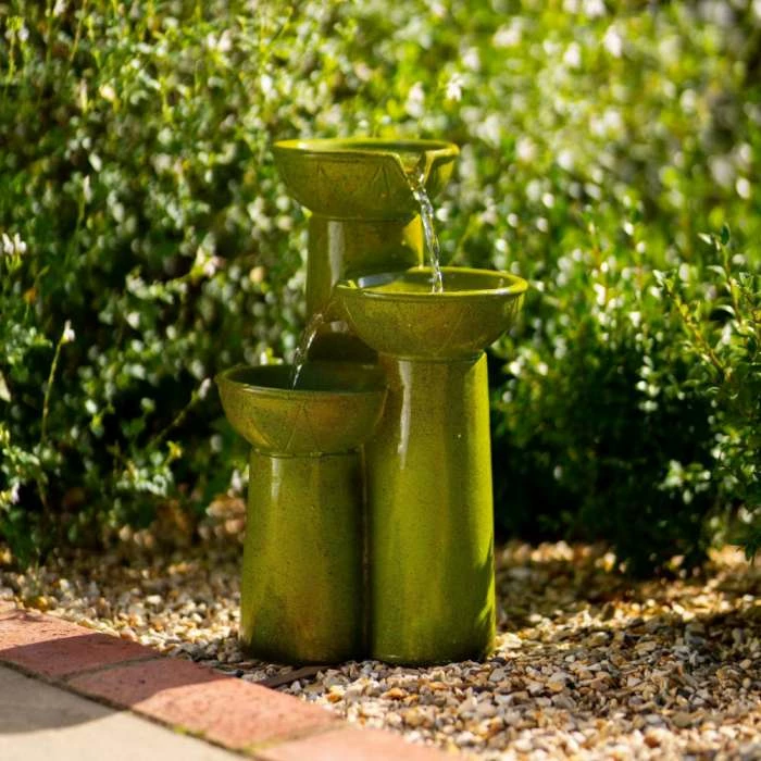 40cm Solar Green Pouring Bowls Tiered Cascading Water Feature With Battery Backup and Lights By Solaray - Image 5