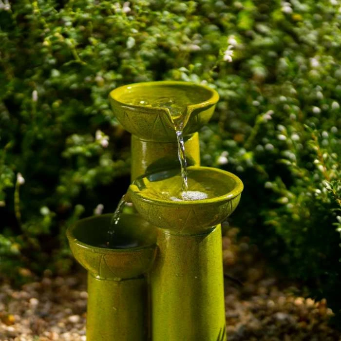 40cm Solar Green Pouring Bowls Tiered Cascading Water Feature With Battery Backup and Lights By Solaray - Image 7