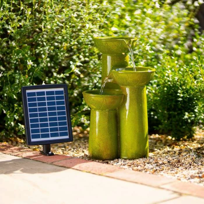 40cm Solar Green Pouring Bowls Tiered Cascading Water Feature With Battery Backup and Lights By Solaray