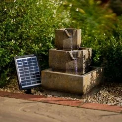 37cm Solar Tiered Coba Square Cascading Water Feature With Battery Backup and Lights By Solaray