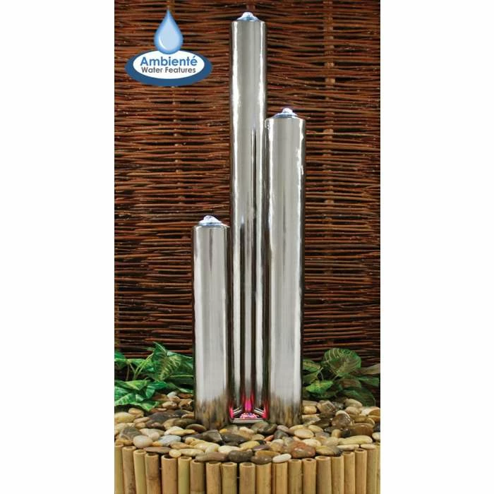 H121cm 3 Polished Tubes Stainless Steel Water Feature with Lights | Indoor/Outdoor Use by Ambienté