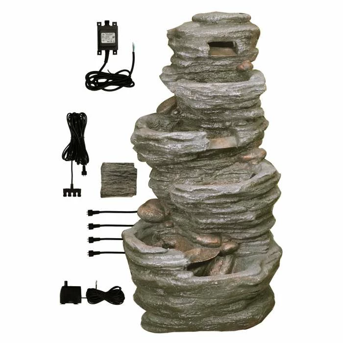 H100cm 4-Tier Rock Pool Cascading Water Feature with Lights | Indoor/Outdoor Use by Ambienté - Image 6