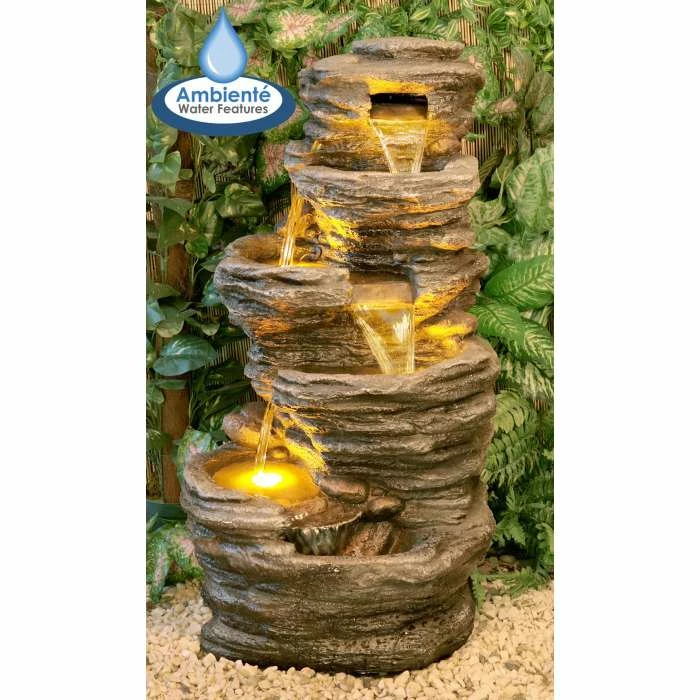 H100cm 4-Tier Rock Pool Cascading Water Feature with Lights | Indoor/Outdoor Use by Ambienté