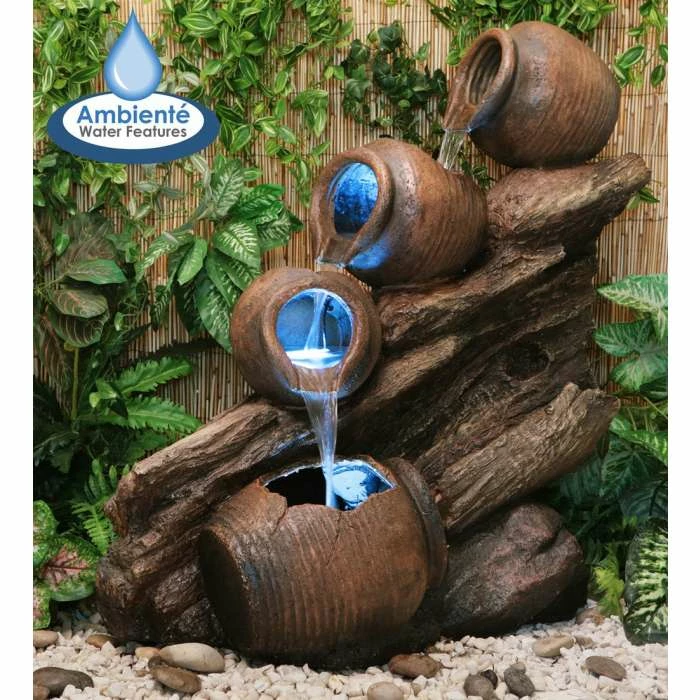 H81cm 4-Tier Oil Jar Cascading Water Feature with Lights | Indoor/Outdoor Use by Ambienté