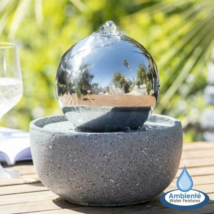 H23cm Eclipse Sphere Stainless Steel Water Feature with Lights | Indoor/Outdoor Use - by Ambienté