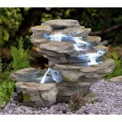 H65cm Ogen River Leap 4-Tier Cascading Water Feature with Lights | Indoor/Outdoor Use by Ambienté