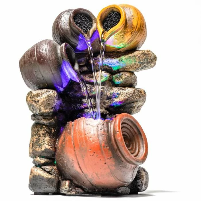 H27cm Triple Trickle Honey Pots Water Feature with Lights | Indoor/Outdoor Use by Ambienté - Image 4